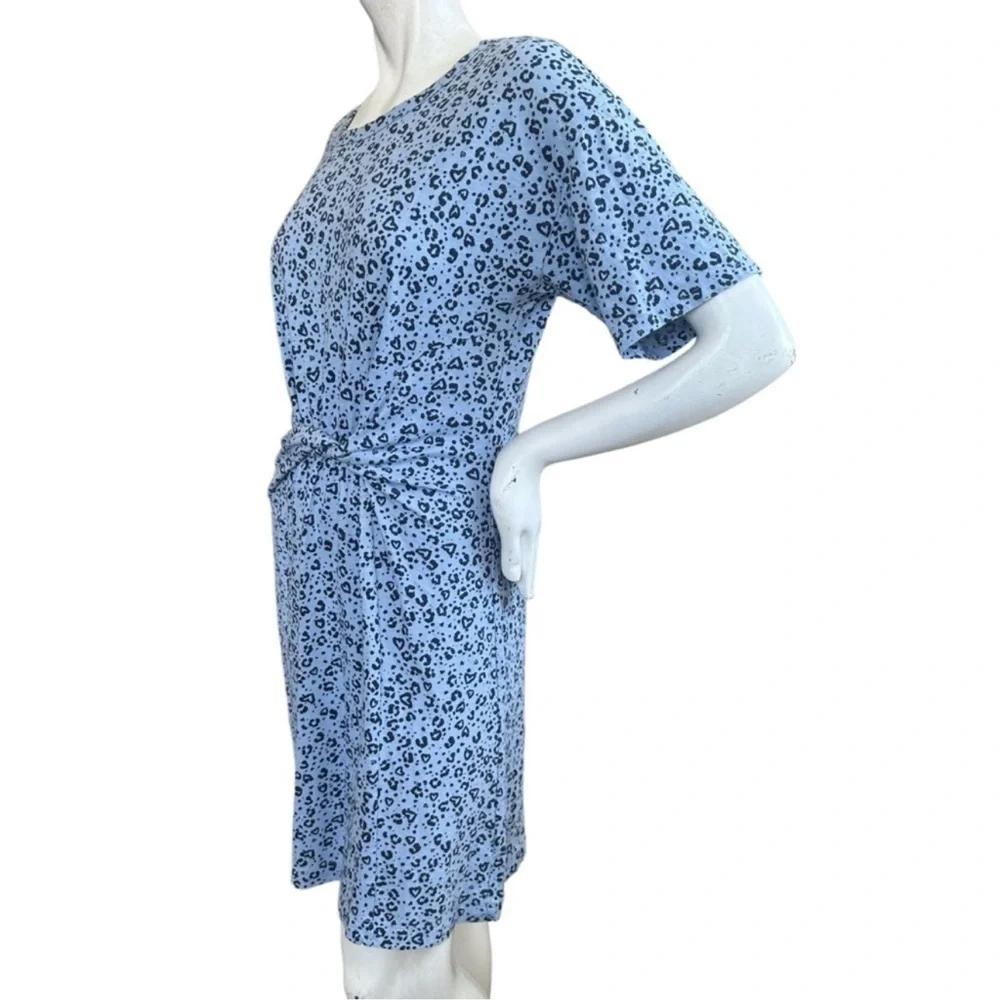 Aerie Blue Twist Front Short Sleeve Leopard Print Casual Tee Shirt Dress Medium